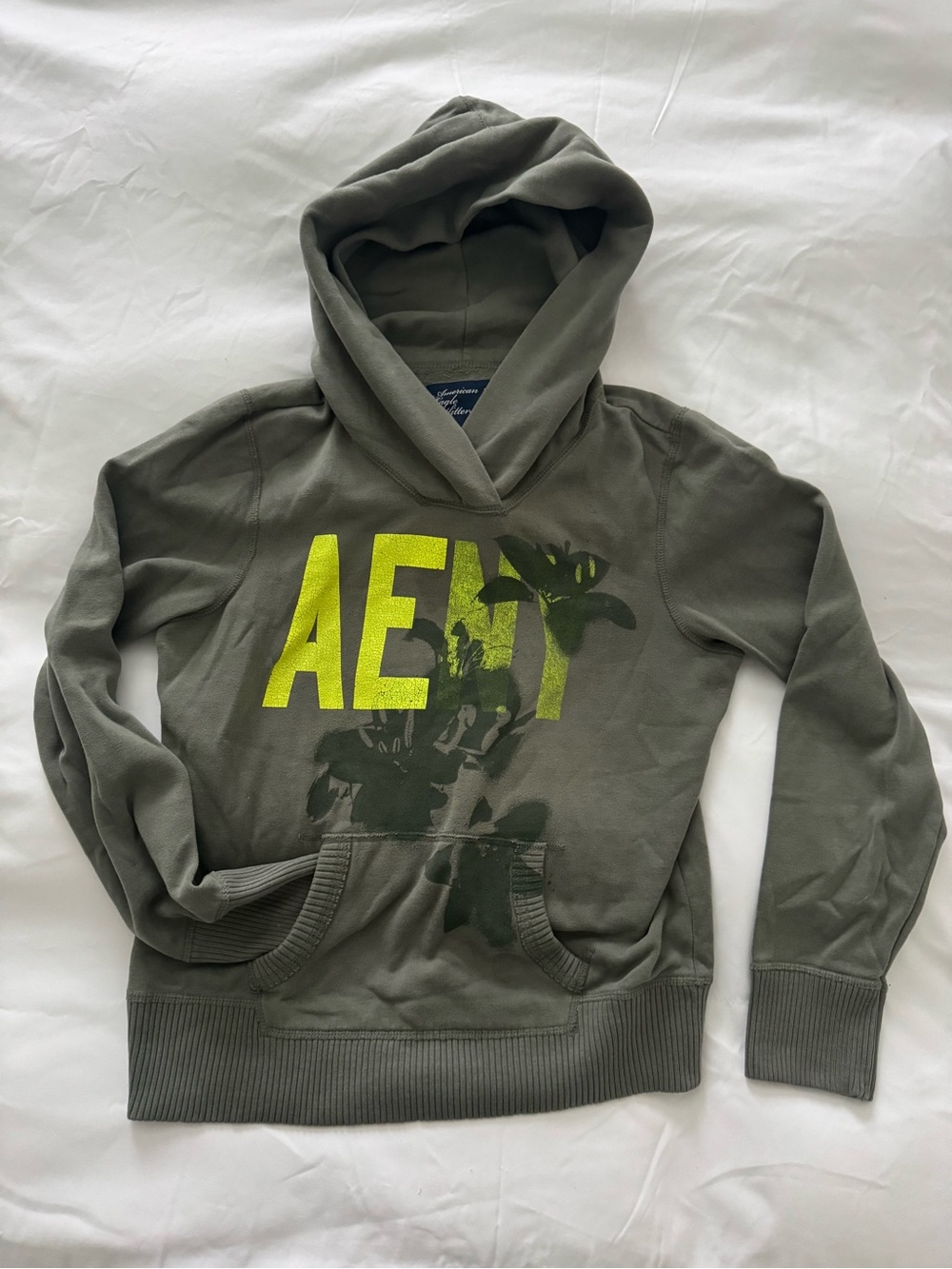 Vintage 2010 American Eagle Outfitters AEO Graphic Hoodie Large Olive Green Y2K